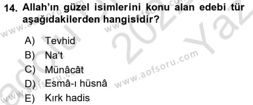 Türk İslam Edebiyatı Dersi 2022 - 2023 Yılı Yaz Okulu Sınavı 14. Soru