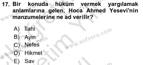 Türk İslam Edebiyatı Dersi 2022 - 2023 Yılı Yaz Okulu Sınavı 17. Soru