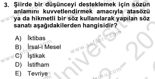 Türk İslam Edebiyatı Dersi 2022 - 2023 Yılı Yaz Okulu Sınavı 3. Soru