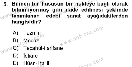 Türk İslam Edebiyatı Dersi 2022 - 2023 Yılı Yaz Okulu Sınavı 5. Soru