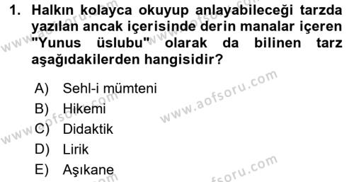 Türk İslam Edebiyatı Dersi 2023 - 2024 Yılı (Vize) Ara Sınavı 1. Soru