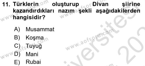 Türk İslam Edebiyatı Dersi 2023 - 2024 Yılı (Vize) Ara Sınavı 11. Soru