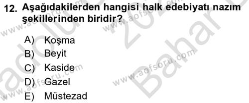 Türk İslam Edebiyatı Dersi 2023 - 2024 Yılı (Vize) Ara Sınavı 12. Soru
