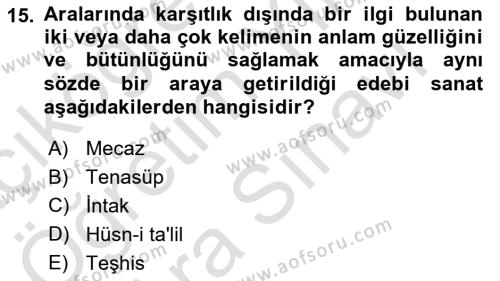 Türk İslam Edebiyatı Dersi 2023 - 2024 Yılı (Vize) Ara Sınavı 15. Soru