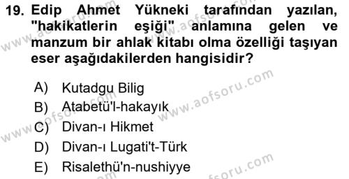 Türk İslam Edebiyatı Dersi 2023 - 2024 Yılı (Vize) Ara Sınavı 19. Soru