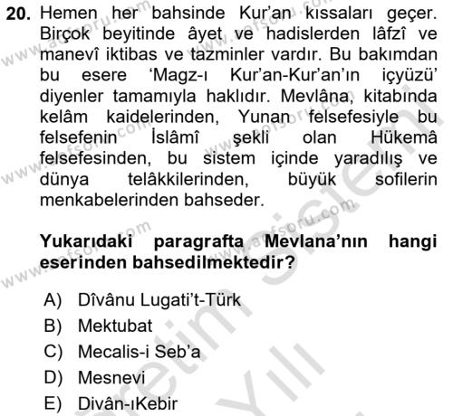 Türk İslam Edebiyatı Dersi 2023 - 2024 Yılı (Vize) Ara Sınavı 20. Soru