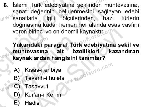 Türk İslam Edebiyatı Dersi 2023 - 2024 Yılı (Vize) Ara Sınavı 6. Soru