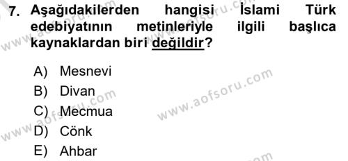 Türk İslam Edebiyatı Dersi 2023 - 2024 Yılı (Vize) Ara Sınavı 7. Soru