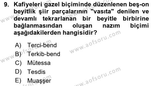 Türk İslam Edebiyatı Dersi 2023 - 2024 Yılı (Vize) Ara Sınavı 9. Soru