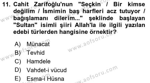 Türk İslam Edebiyatı Dersi 2023 - 2024 Yılı (Final) Dönem Sonu Sınavı 11. Soru