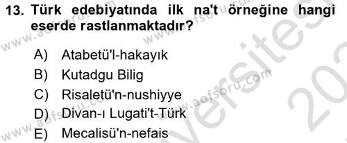 Türk İslam Edebiyatı Dersi 2023 - 2024 Yılı (Final) Dönem Sonu Sınavı 13. Soru