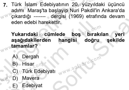 Türk İslam Edebiyatı Dersi 2023 - 2024 Yılı (Final) Dönem Sonu Sınavı 7. Soru