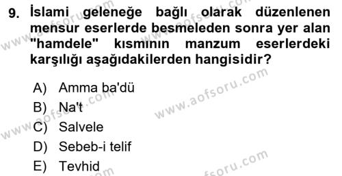 Türk İslam Edebiyatı Dersi 2023 - 2024 Yılı (Final) Dönem Sonu Sınavı 9. Soru