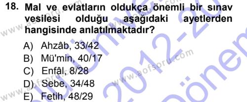 Tefsir Dersi 2012 - 2013 Yılı (Final) Dönem Sonu Sınavı 18. Soru