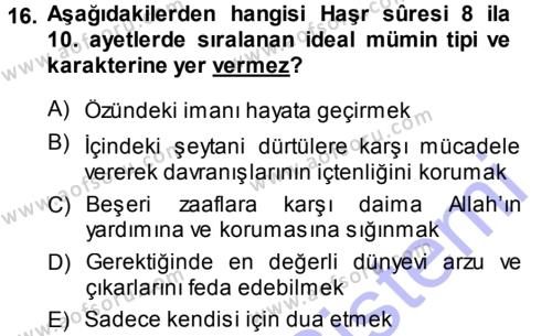 Tefsir Dersi 2013 - 2014 Yılı (Vize) Ara Sınavı 16. Soru