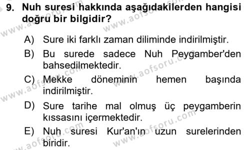 Tefsir Dersi 2022 - 2023 Yılı (Vize) Ara Sınavı 9. Soru