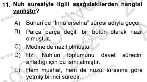 Tefsir Dersi 2023 - 2024 Yılı (Vize) Ara Sınavı 11. Soru