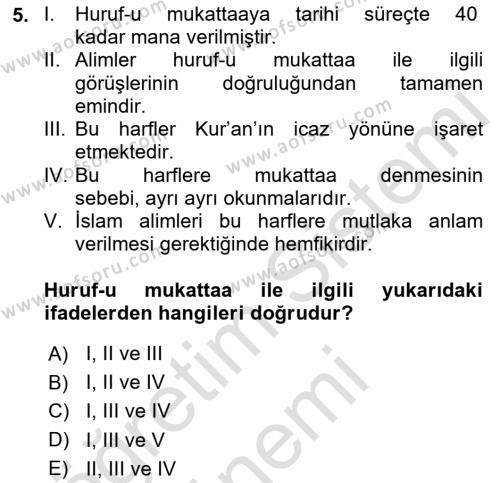 Tefsir Dersi 2023 - 2024 Yılı (Vize) Ara Sınavı 5. Soru