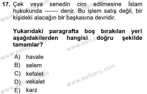 Günümüz Fıkıh Problemleri Dersi 2023 - 2024 Yılı Yaz Okulu Sınavı 17. Soru