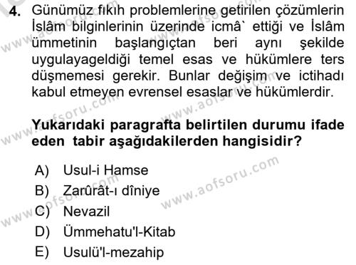 Günümüz Fıkıh Problemleri Dersi 2023 - 2024 Yılı Yaz Okulu Sınavı 4. Soru