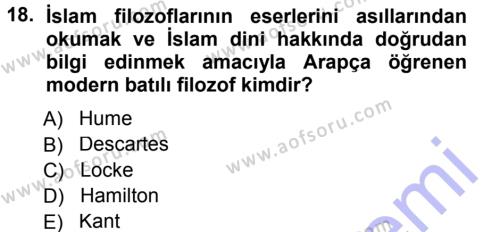 İslam Düşünce Tarihi Dersi 2012 - 2013 Yılı (Final) Dönem Sonu Sınavı 18. Soru