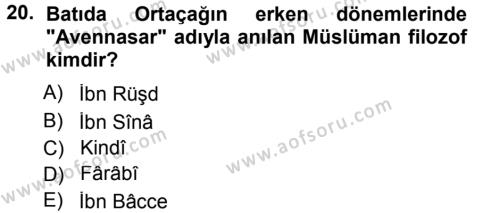 İslam Düşünce Tarihi Dersi 2012 - 2013 Yılı (Final) Dönem Sonu Sınavı 20. Soru