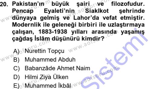 İslam Düşünce Tarihi Dersi 2015 - 2016 Yılı (Vize) Ara Sınavı 20. Soru