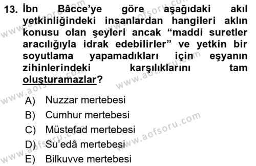 İslam Düşünce Tarihi Dersi 2016 - 2017 Yılı Tek Ders Sınavı 13. Soru