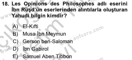 İslam Düşünce Tarihi Dersi 2016 - 2017 Yılı Tek Ders Sınavı 18. Soru