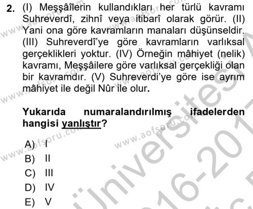 İslam Düşünce Tarihi Dersi 2016 - 2017 Yılı Tek Ders Sınavı 2. Soru