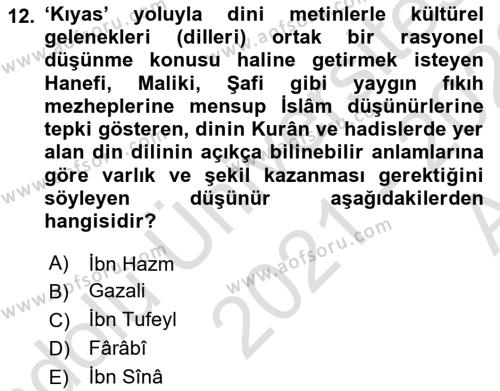 İslam Düşünce Tarihi Dersi 2021 - 2022 Yılı (Vize) Ara Sınavı 12. Soru