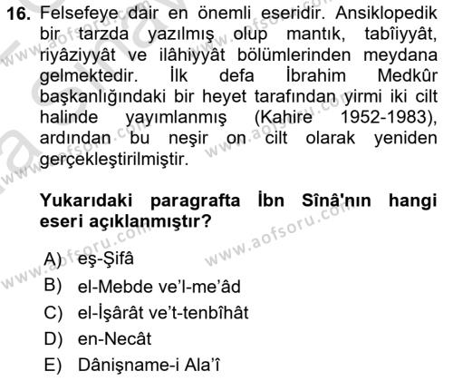 İslam Düşünce Tarihi Dersi 2021 - 2022 Yılı (Vize) Ara Sınavı 16. Soru