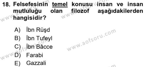 İslam Düşünce Tarihi Dersi 2021 - 2022 Yılı (Vize) Ara Sınavı 18. Soru