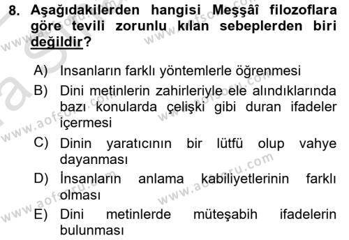 İslam Düşünce Tarihi Dersi 2021 - 2022 Yılı (Vize) Ara Sınavı 8. Soru