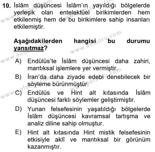 İslam Düşünce Tarihi Dersi 2022 - 2023 Yılı (Vize) Ara Sınavı 10. Soru