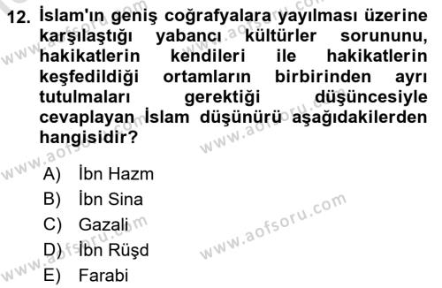 İslam Düşünce Tarihi Dersi 2022 - 2023 Yılı (Vize) Ara Sınavı 12. Soru