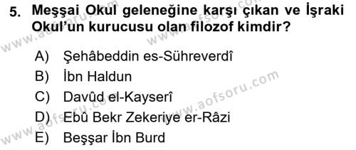 İslam Düşünce Tarihi Dersi 2022 - 2023 Yılı (Vize) Ara Sınavı 5. Soru