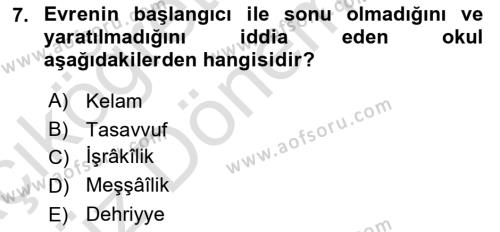 İslam Düşünce Tarihi Dersi 2022 - 2023 Yılı (Vize) Ara Sınavı 7. Soru