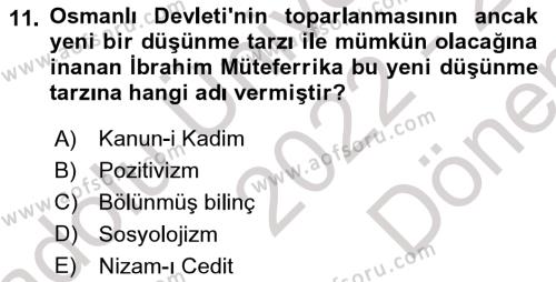 İslam Düşünce Tarihi Dersi 2022 - 2023 Yılı (Final) Dönem Sonu Sınavı 11. Soru