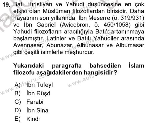 İslam Düşünce Tarihi Dersi 2022 - 2023 Yılı (Final) Dönem Sonu Sınavı 19. Soru