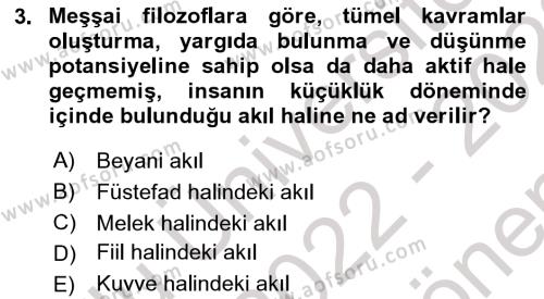 İslam Düşünce Tarihi Dersi 2022 - 2023 Yılı (Final) Dönem Sonu Sınavı 3. Soru