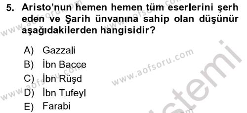 İslam Düşünce Tarihi Dersi 2022 - 2023 Yılı (Final) Dönem Sonu Sınavı 5. Soru