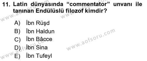 İslam Düşünce Tarihi Dersi 2022 - 2023 Yılı Yaz Okulu Sınavı 11. Soru