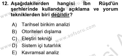 İslam Düşünce Tarihi Dersi 2022 - 2023 Yılı Yaz Okulu Sınavı 12. Soru