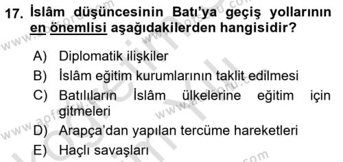 İslam Düşünce Tarihi Dersi 2022 - 2023 Yılı Yaz Okulu Sınavı 17. Soru