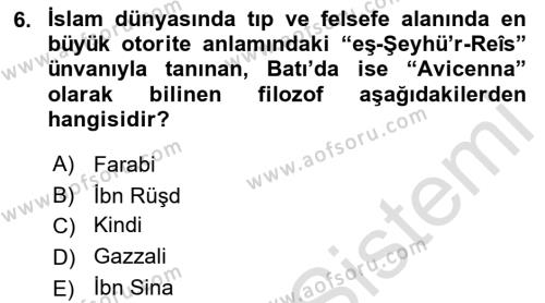 İslam Düşünce Tarihi Dersi 2022 - 2023 Yılı Yaz Okulu Sınavı 6. Soru