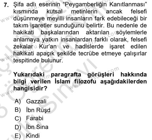 İslam Düşünce Tarihi Dersi 2022 - 2023 Yılı Yaz Okulu Sınavı 7. Soru