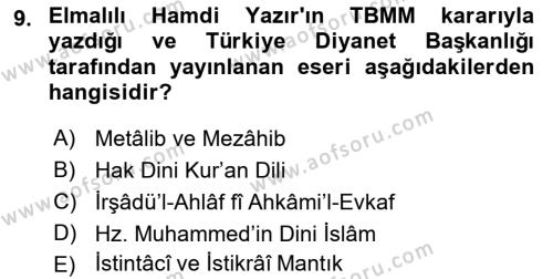 İslam Düşünce Tarihi Dersi 2022 - 2023 Yılı Yaz Okulu Sınavı 9. Soru