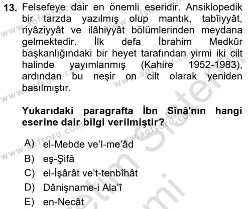 İslam Düşünce Tarihi Dersi 2023 - 2024 Yılı (Vize) Ara Sınavı 13. Soru