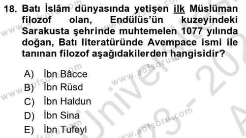 İslam Düşünce Tarihi Dersi 2023 - 2024 Yılı (Vize) Ara Sınavı 18. Soru